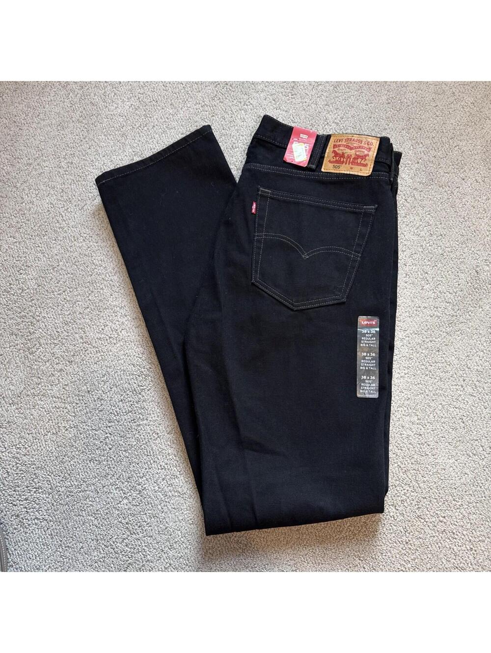 Levis 505 Regular Fit Mens Jeans Black Denim Big and Tall 38x36 New With Tags